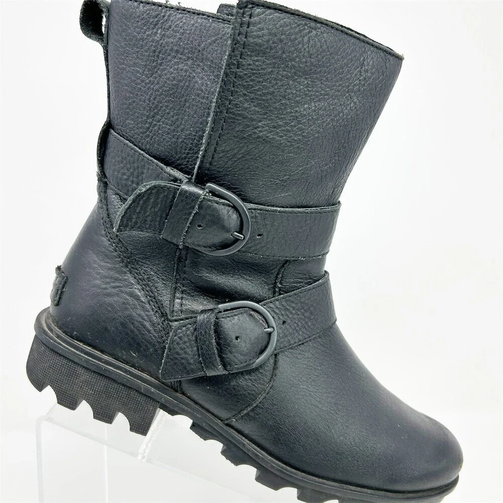 SOREL Phoenix Moto Women's Boots Black Mid-Calf Double Buckle Lug Sole Size 9